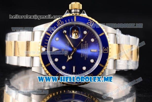 Rolex Submariner Clone Rolex 3135 Automatic Two Tone Case/Bracelet with Blue Dial and Dot Markers (BP) - Click Image to Close